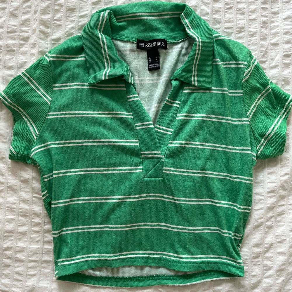 Essentials Green and White Striped Polo
